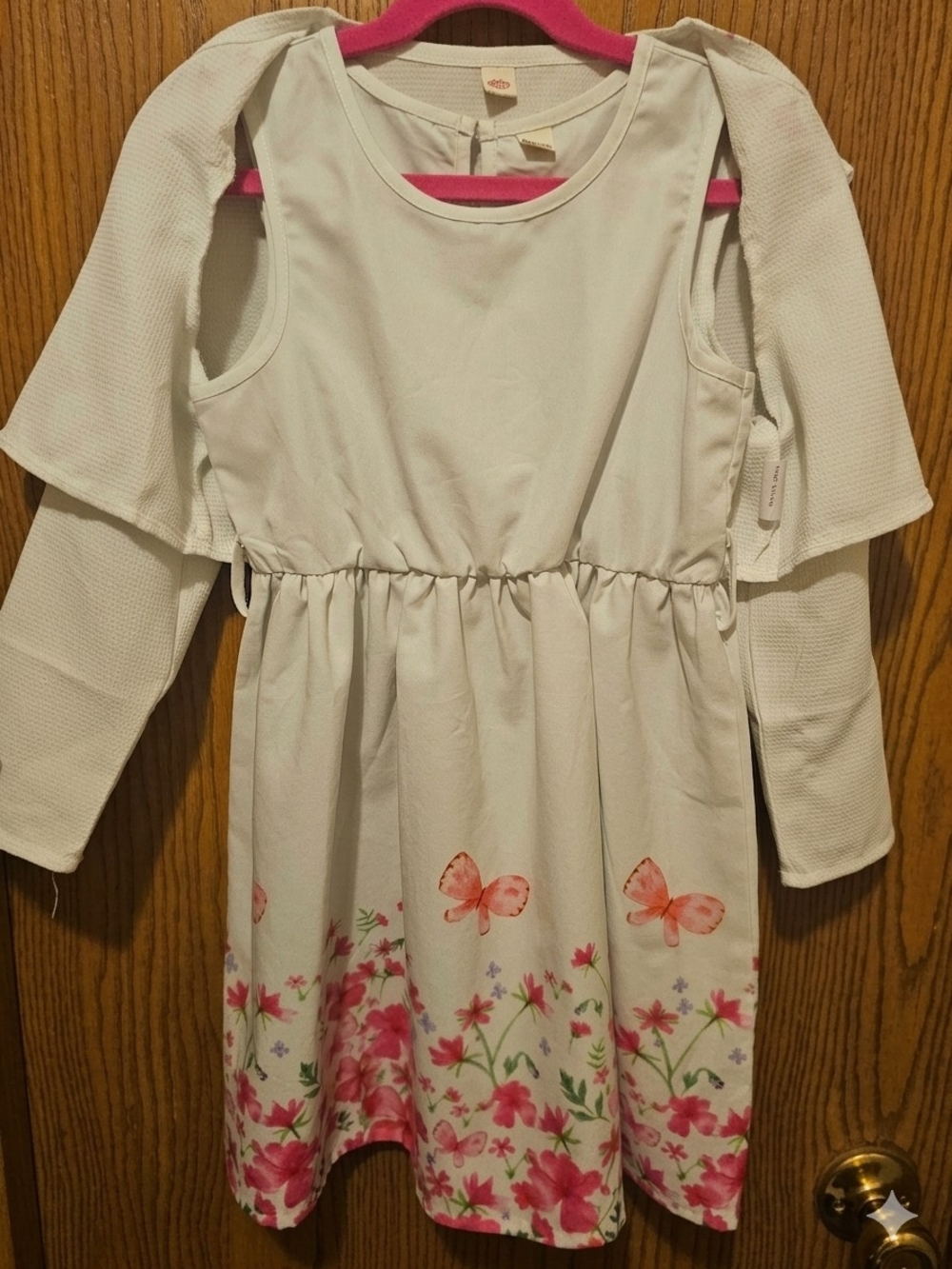 Girls White Dress with Pink Flora & Butterfly Print and Matching Cardigan